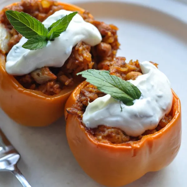 Gevulde Paprika's Met Vegetarische Boterkip En Munt Yoghurt
